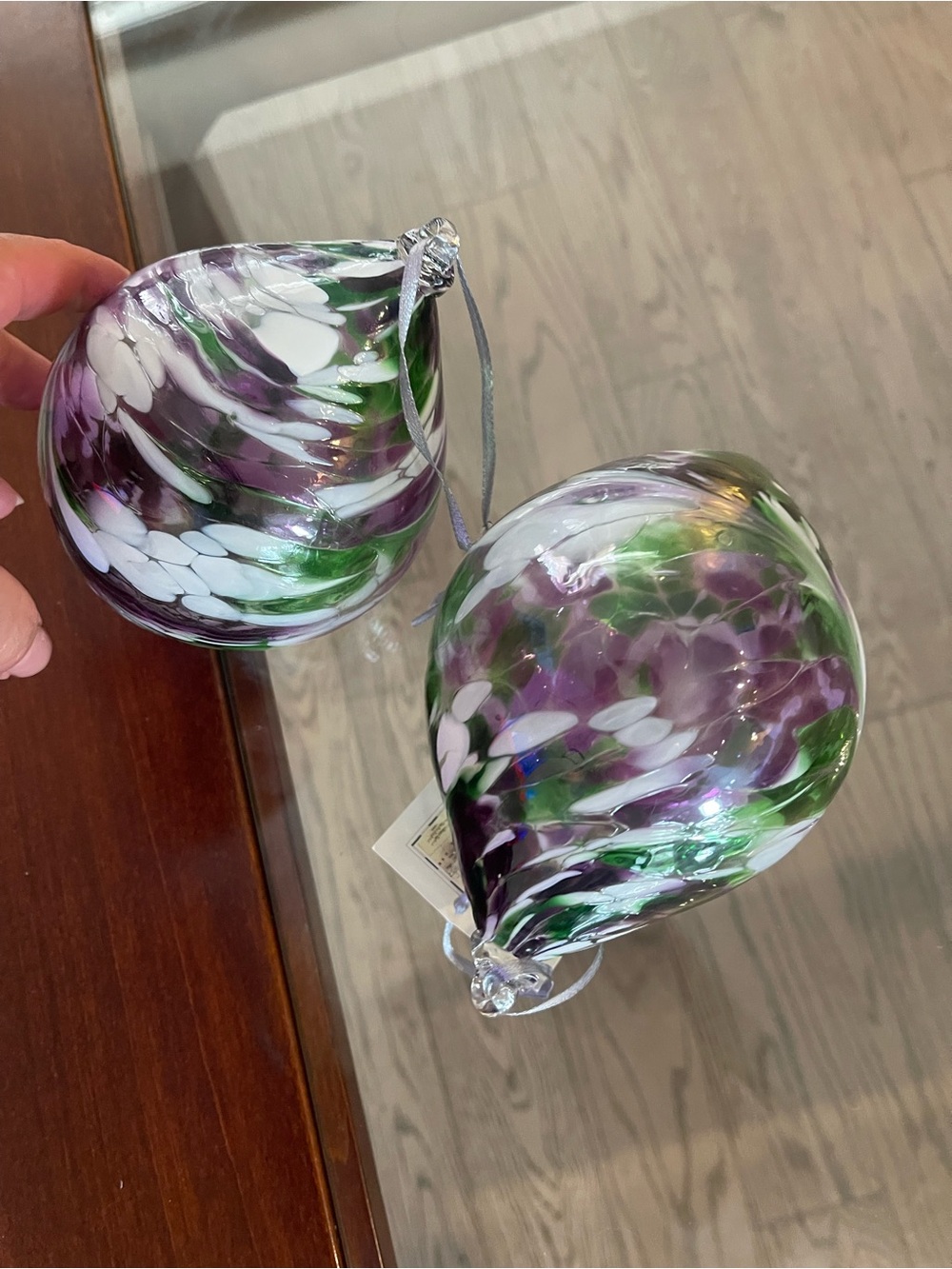 Handblown Glass Ornaments in Purple, Green & White